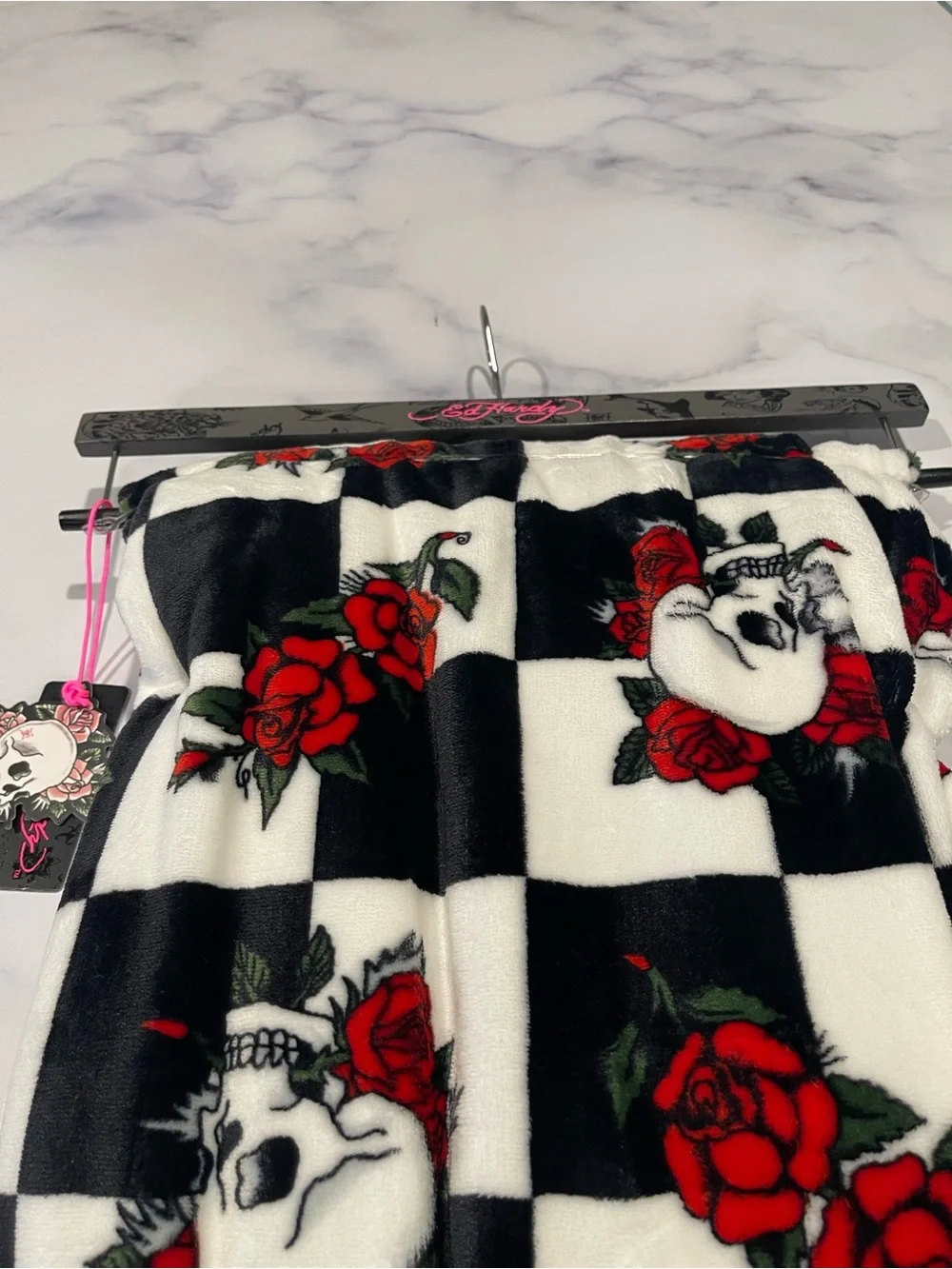 Ed Hardy Black, White & Red Rose Skull Printed Plush Oversized Throw 60”x70”